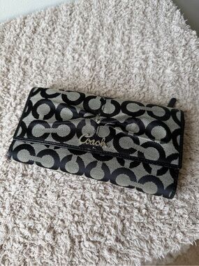 Coach Black and Silver Signature Fold-Over Wallet with Checkbook Cover